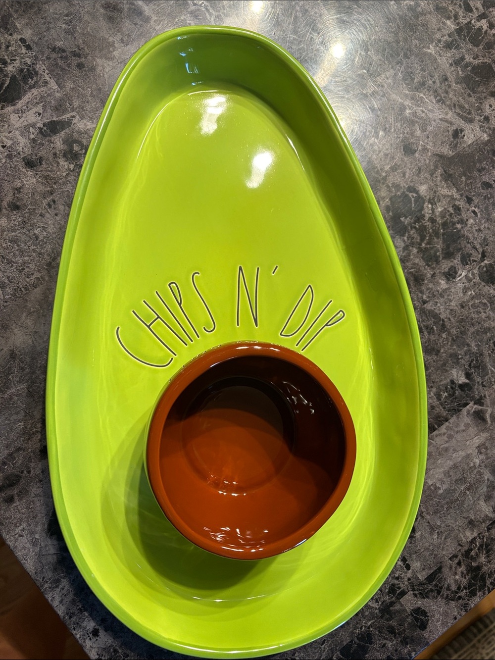 Rae Dunn Lime Green 'Chips N' Dip' Tray with Brown Dip Bowl